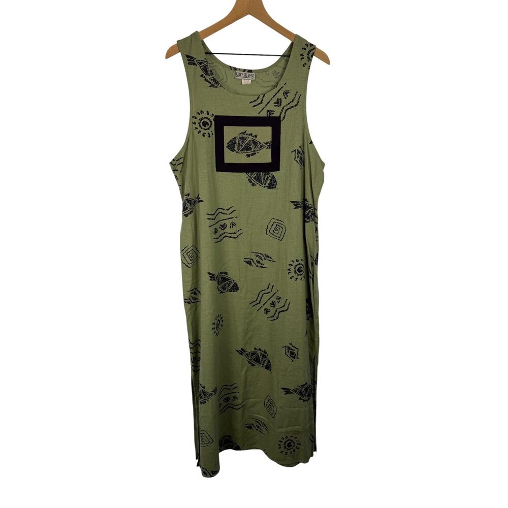 Vintage KELLY STEVENS Block Print Long Sundress Green Large Linen Blend Artsy